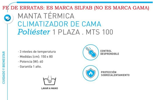 Imagen 5 de 9 de Climatizador Gama Frazada 1 Plaza Manta Calienta Cama Temperaturas (74) Bajo Consumo - Seguro - Electrica - Garantia -