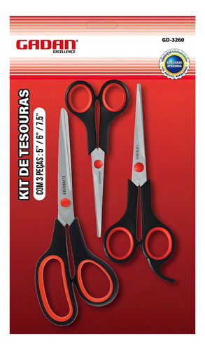 Kit Tesouras Com 3 Peças 5 6 7,5 Polegada Costura Escolar
