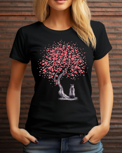 Playera Para Mujer Estampada Gato -pétalos De Cerezo