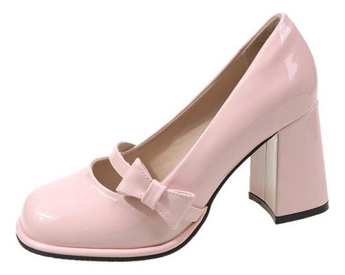 Nuevo Zapatos Mary Jane De Tacón Grueso Con Lazo Francés