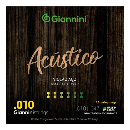Cuerda de guitarra de acero de 12 cuerdas 010 Acoustic Giannini