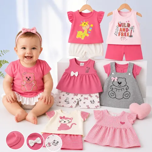 Conjuntos de roupa de bebê menina em algodão com estampas