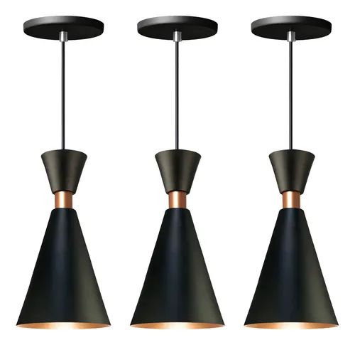 Kit 3 Pendente Lustre Mini Pequim 24cm Em Alumínio Preto