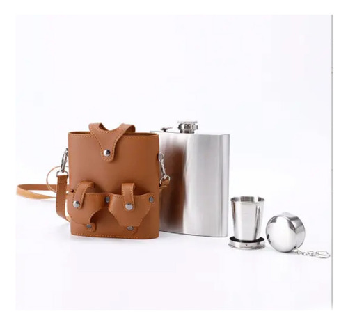 Licorera Acero Inoxidable 18 Oz Forro Cuero Marrón 2 Vasos