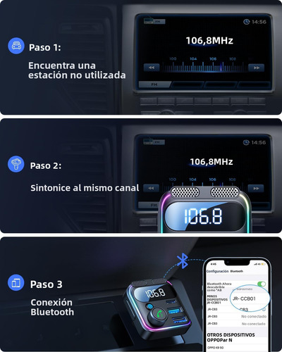 Transmisor FM Bluetooth 5.3 para Auto con Adaptador Bluetooth PD 48W - Carga Ultra Rápida QC3.0, Micrófonos Dobles con Reducción de Ruido, Salida AUX HiFi Estéreo