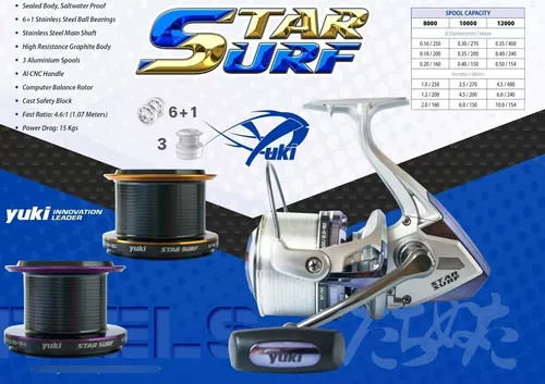 Reel Frontal Yuki Star Surf 7 Rulemanes Pesca + Carreteles