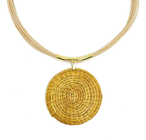 Colar Artesanal De Palha Buriti C/ Mandala De Capim Dourado