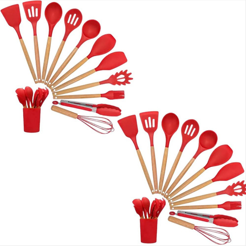 2 Kits 10 Utensílios Cozinha Escumadeira Concha Espatula Top Cor Vermelho