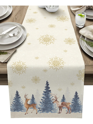 Caminos De Mesa De Lino Con Forma De Árbol De Navidad, Copos