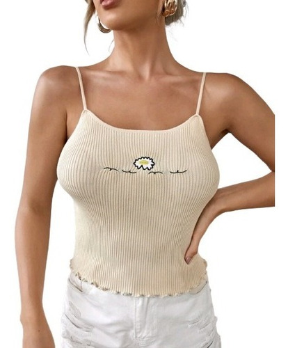 Crop Top Beige Tejido Bordado Sol Y Pajaros