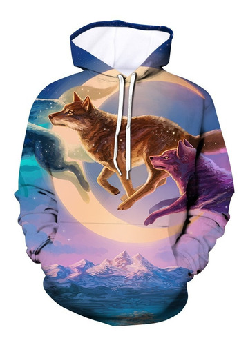 Sudadera Patrón Digital Lobo Volador Color Cielo Luna Lindo