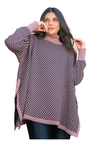 Blusa Poncho Tricot Gola Alta Xadrez Geométrico Moda Inverno