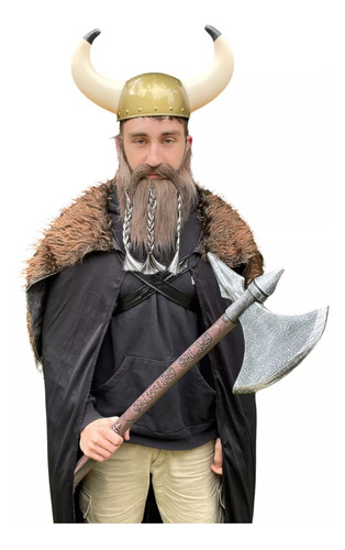 Disfraz De Vikingo Barba Capa Casco Ragnar Valhalla Barbaro