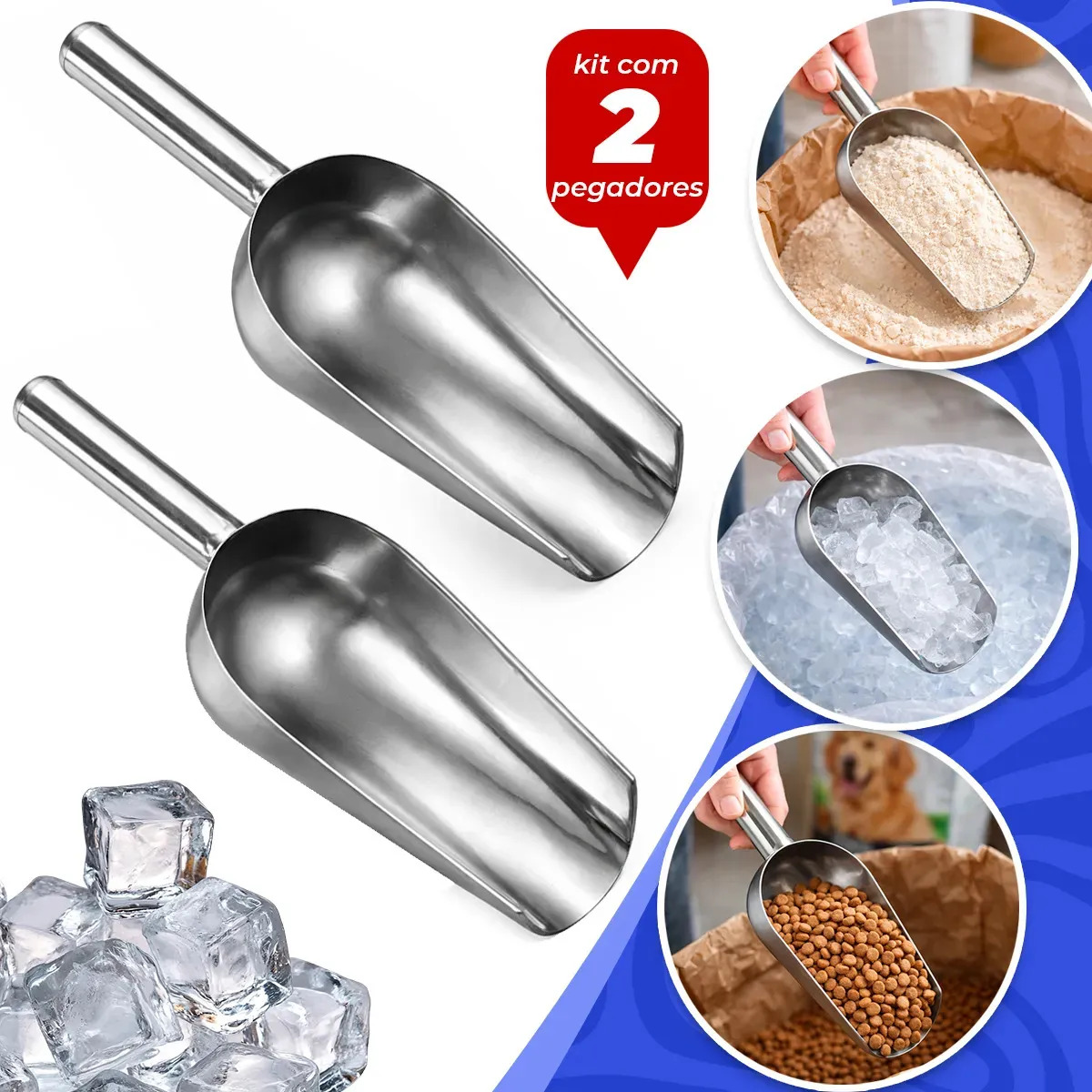Kit 2 Pá Concha Pegador De Gelo Aço Inox Multiuso Para Alimentos Ração Cereais Grãos Masterheart