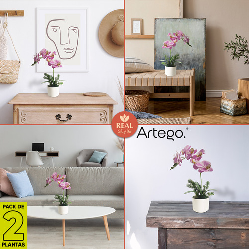 Planta Artificial Moderna Con Maceta Decorativa Real Style Orquídea Mora Compacta Pack De 2 Unidades De 40cm De Alto Artego Para Hogar Sala Comercio Oficina