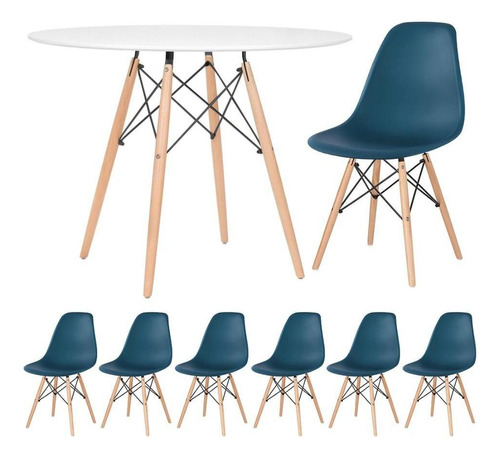 Kit Mesa Jantar Eames Wood 100 Cm 6 Cadeiras Eifel Cores Cor Mesa Branco Com Cadeiras Azul Petróleo