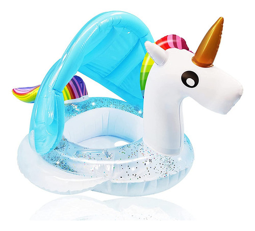Flotador De Piscina Para Bebé Unicornio Con Dosel Azul
