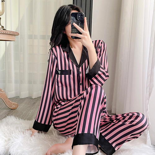 Pijama De Rayas Rosas De Manga Larga De Seda Fina
