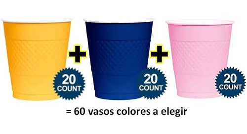 60 Vasos Plástico Desechable 12oz 1a3 Colores Fiesta Bebidas