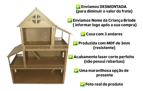 Casinha Boneca 1 Metro Mdf Desmontada + Nome E Aplique