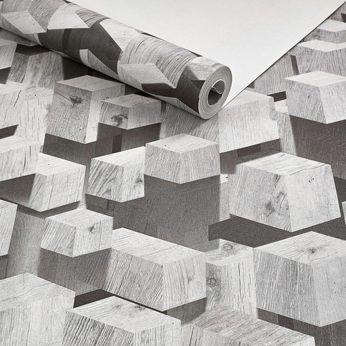 Imagem 1 de 3 de Papel Parede Geométrico Lavável 3d Cinza Preto Branco Cubo