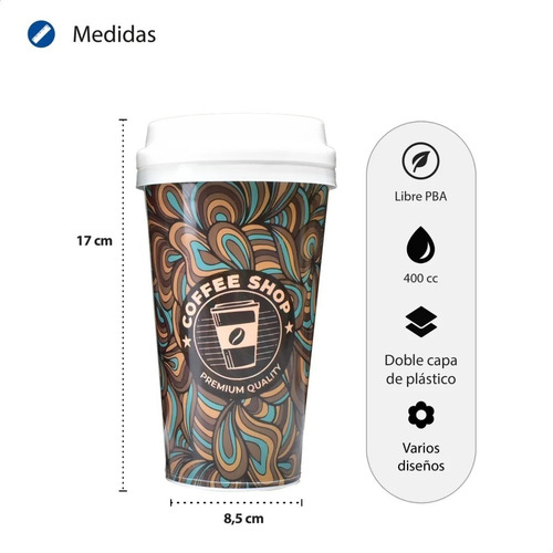 Imagen 2 de 6 de Vaso Termico Plastico Cafe Con Tapa Cup Coffee Reutilizable