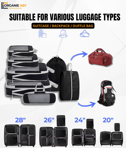 Juego De 7 Cubos De Compresión Organizer Para Viajes Negro