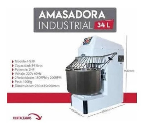 Amasadora Industrial Roccia 34 Litros 2hp 220 Voltios