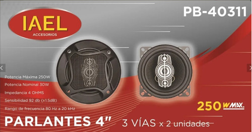 Imagen 2 de 5 de Kit Par 2 Parlantes Auto 4 Pulgadas 3 Vias 250w 30w Rms Iael