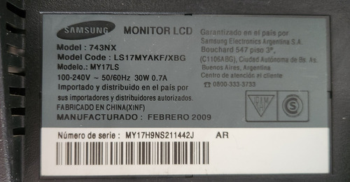 Monitor Samsung Lcd 743nx 17 4:3 (no Wide) Negro (Usado)