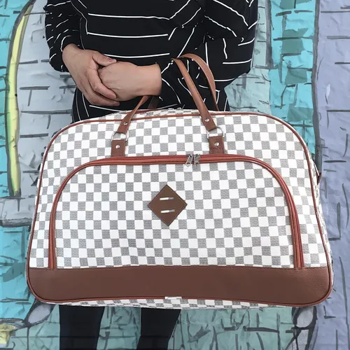 Atiika Mala De Bordo Feminina Couro 10kg Branca Creme Branco Quadriculada