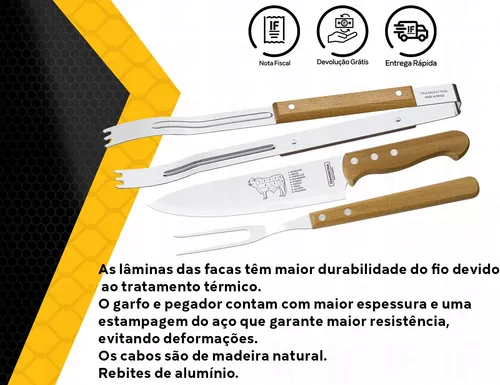 Kit para Churrasco 3 Peças Tramontina - Garfo, Pegador e Faca