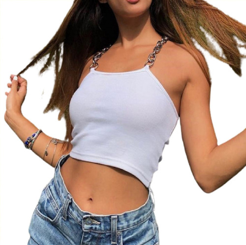 Top Camiseta Sin Mangas Tirantes Cadena Metal Moda Blanco 