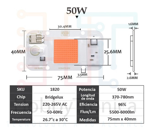 Imagen 2 de 10 de Yxo Led Cob Dob 50w Grow Full Spectrum Cultivo 220v Bornera