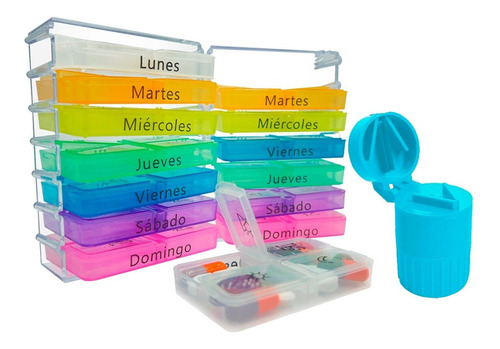 Organizador Semanal Pastillero Diario Paquete 3pz + Cortador Color Azul