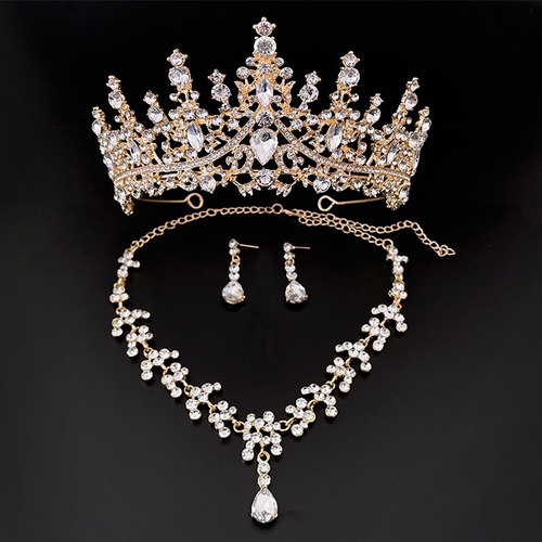Tocado Novia Tiara Corona Mujer Xv Años Collar Y Aretes 3pcs