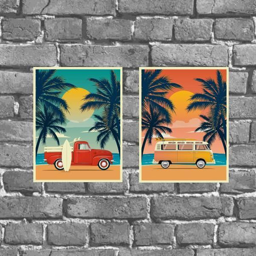 Kit 2 Placas Decorativas Carros Surf Praia 18x27cm