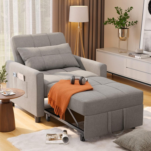 Sofá Cama Multifuncional 3 En 1; Lino Gris Claro; Noelse