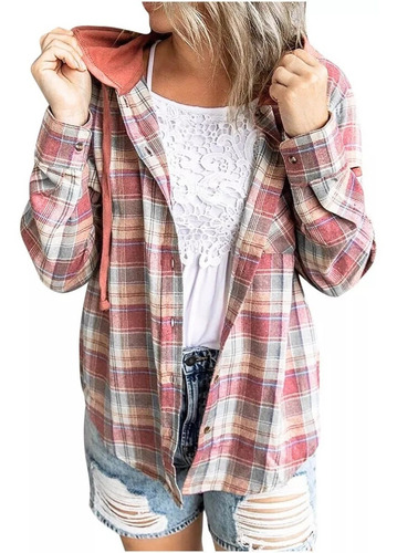 Camisas Manga Larga Para Mujer A Cuadros Con Capucha Cordón