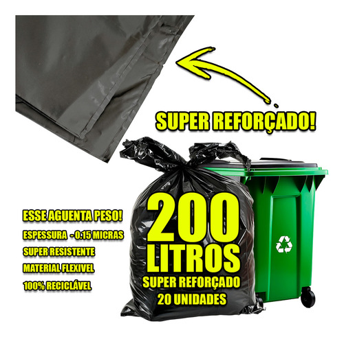 Saco De Lixo 200l Uso Pesado Super Reforçado Forte 20 Und