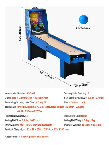 Mesa De Juego Arcade Roll & Score 8ft Marcador Led 4 Bolas