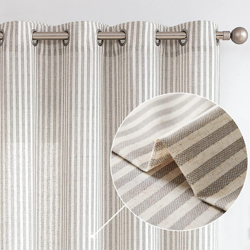 Cortinas De Lino Con Rayas Grises Y Beige, 213 Cm De Largo