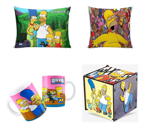 Kit Presente Os Simpsons 2 Almofadas 1 Caneca E 1 Caixa Mdf