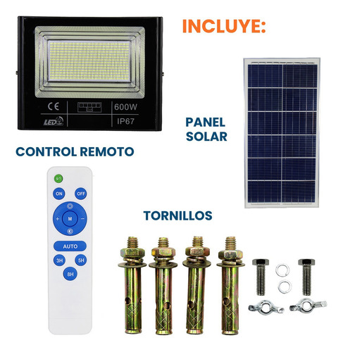 Reflector Solar Exterior Led Lampara 600w Luminaria Ip67 Negro Blanco Frío