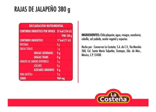 Chiles Jalapeños Rajas La Costeña En Escabeche 3 Pzas 380gr