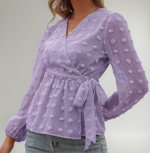 Blusa De Manga Larga Con Cuello En V Y Encaje Jacquard Para
