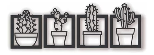 Cuadros Plantas Cactus  Set De 4 25x25cm En Madera Mdf