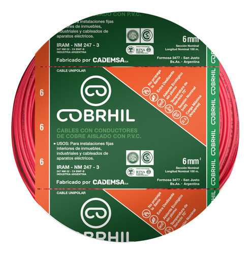 Cable Unipolar Cobrhil 6 Mm² Normalizado Rollo 50 Mts Cubierta Rojo