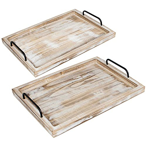 Wood Serving Trays - 2pk Nesting Serving Trays With Han...