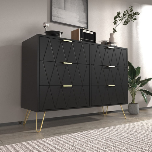 Comoda Moderna 6 Cajones Madera Color Negro Marca Uev